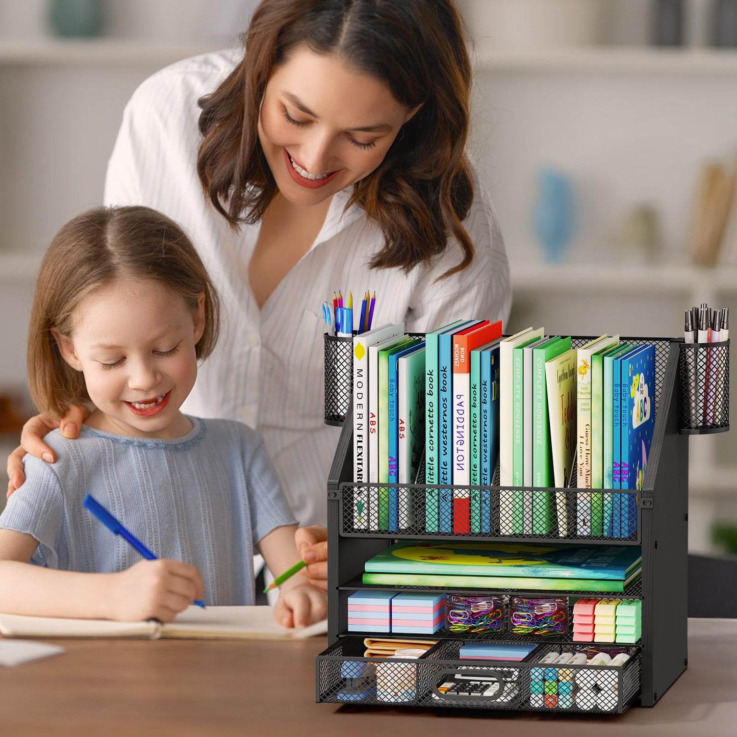 SWTYMIKI Desk Organizer with Drawers - Mesh and Wood Desk File Organizer with Pen Holders, 4-Tier Paper Organizer for Office Organizer and Accessorie, School and Home Storage, Black