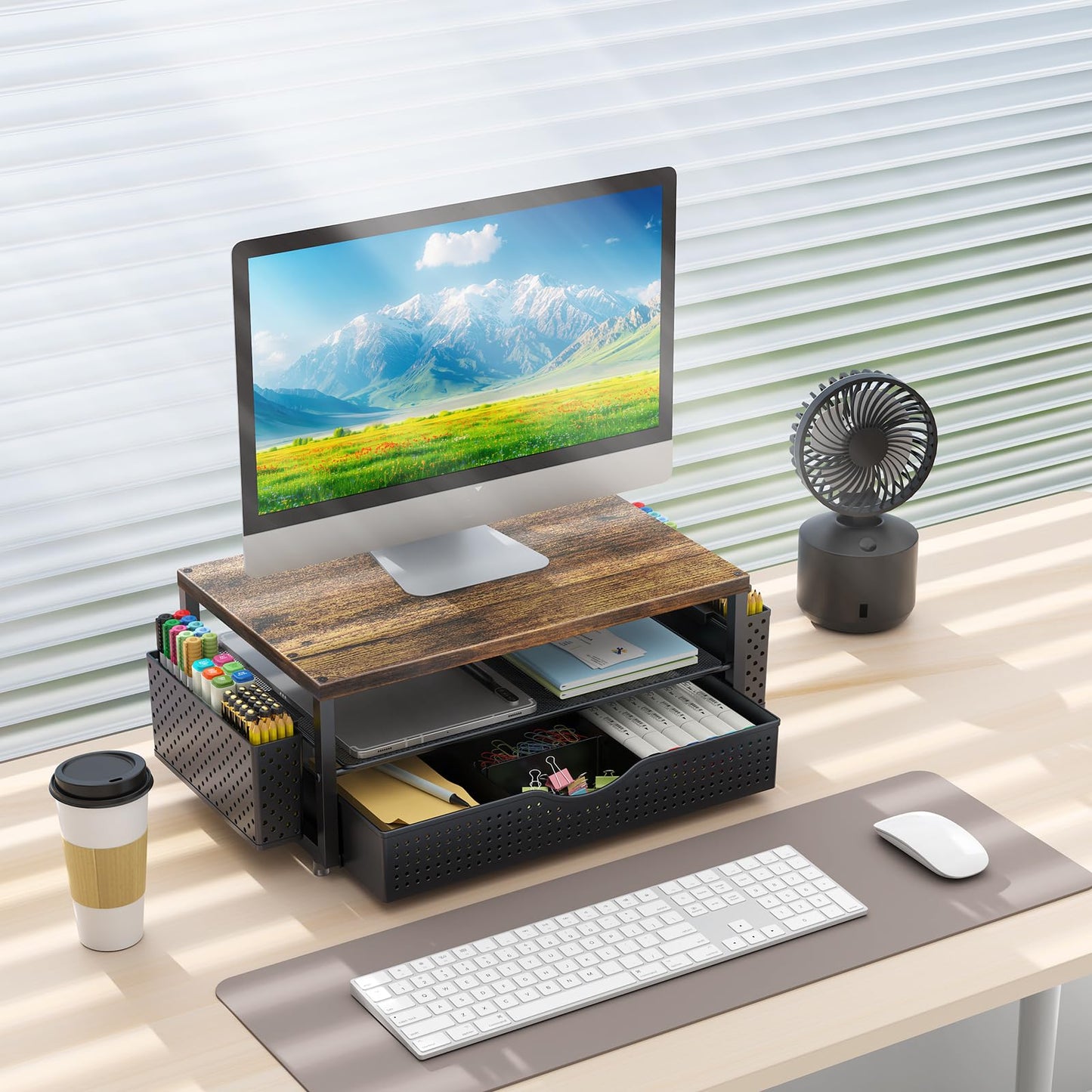 gianotter Wood Monitor Stand Riser, Office Desk Shelf Organizer, Desk Organizer with Drawer and Pen Holder, 2-Tier Computer Stand, Office Organization (Wood)