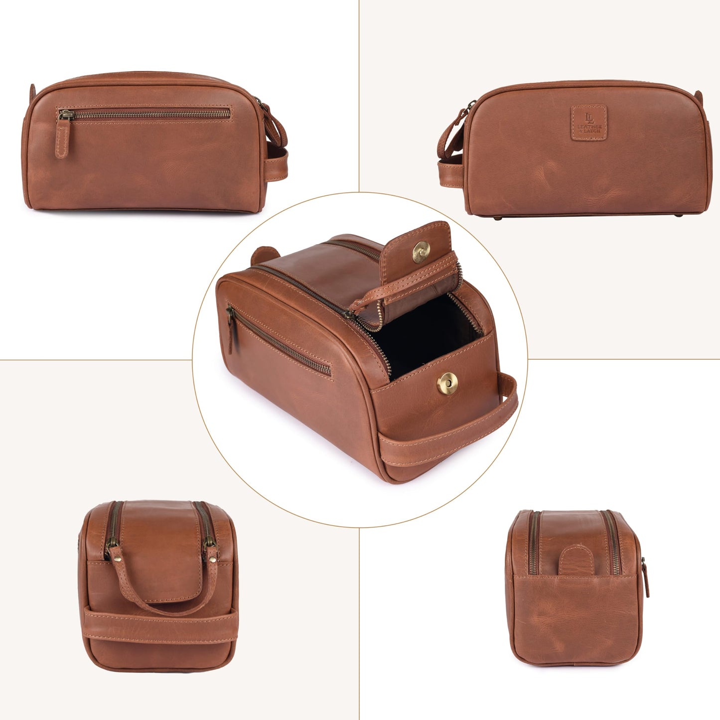 Leather Toiletry Travel Bag with Waterproof Lining, Large Capacity Vintage Dopp Kit, Shaving & Cosmetic Organizer for Men & Women - Tan