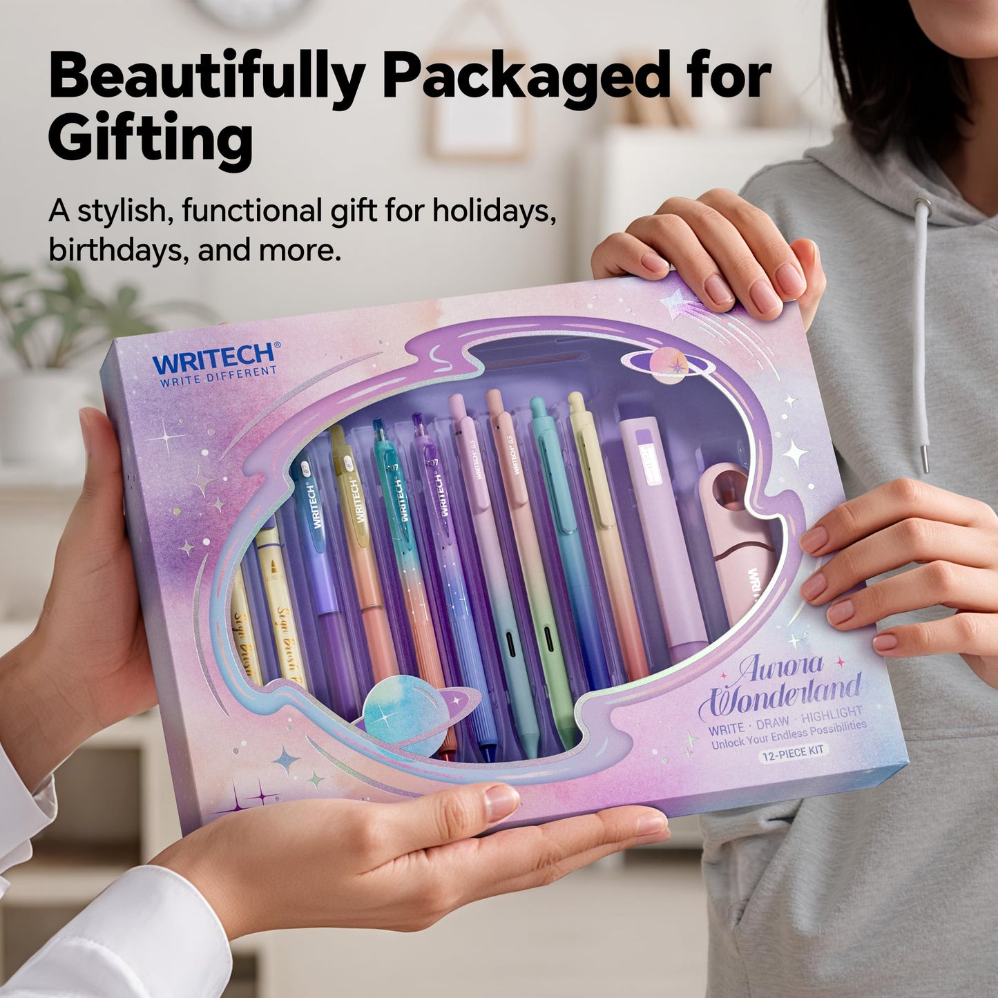 WRITECH Aurora Gel Ink Pens: Wonderland Journaling Pens Set, Gradient Barrels Black Ink Pens Pastel Highlighters Brush Markers, No Bleed Smooth Writing Drawing Gift for Friends 12ct