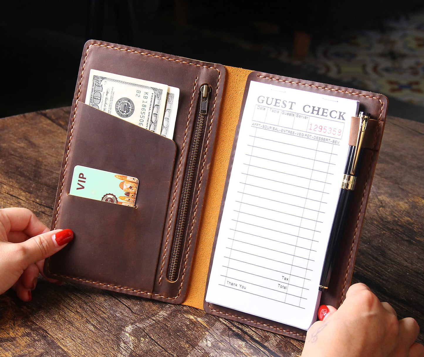 Server Book Organizer with Zipper Pocket, Genuine Leather Restaurant Guest Check Presenters Card Holder for Waitress, Waiter Accessories Fit Server Apron - Brown