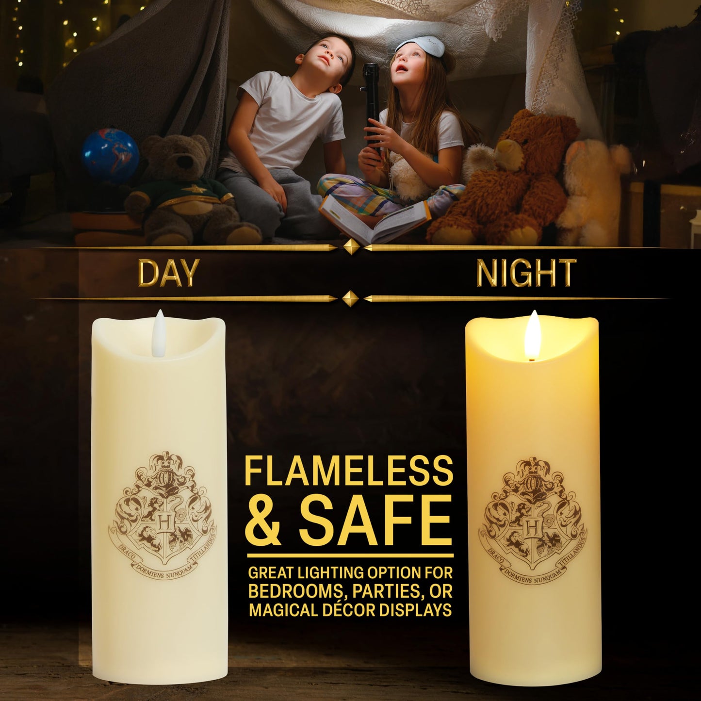 Harry Potter LED Candle with Wand Remote Control Hogwarts Crest Flameless Light for Kids 16ft Spell-Cast Range Room Decor Display Nightlight Gifts