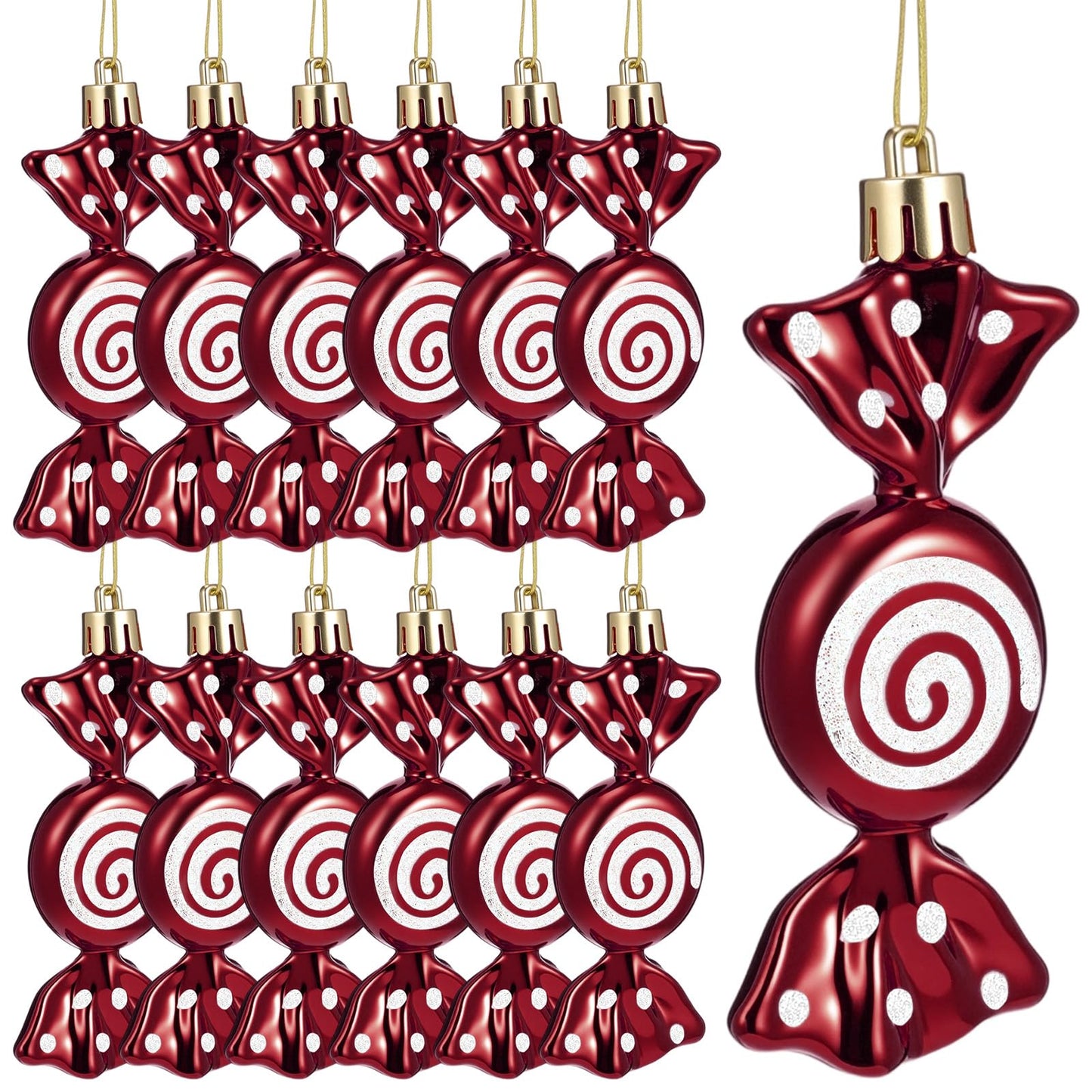 Threan 12 Pcs Christmas Candy Ornaments for Tree Decoration Hanging Glitter Candy Cane Christmas Peppermint Ornament with Golden Rope for Xmas Holiday Decoration(Burgundy,Plastic)