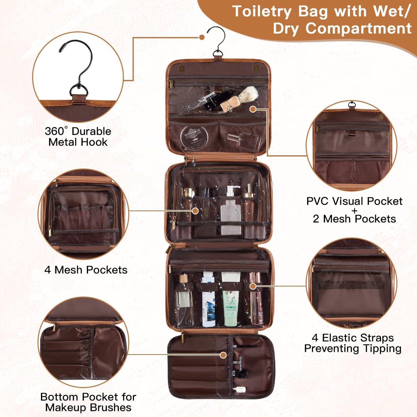 Aganmi Personalized 3-in-1 Hanging Toiletry Bag Fathers Day Birthday Gifts for Men Dad Husband, Custom Initial Large Waterproof PU Leather Dopp Kit Shaving Bag Travel Essential for Him Light Brown J