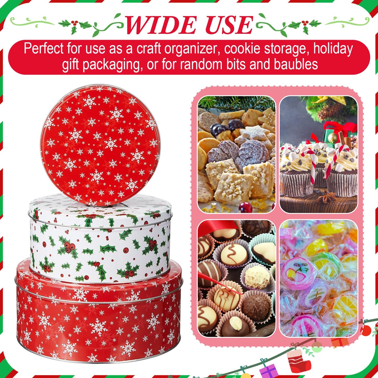 Yaomiao 9 Pcs Christmas Cookie Tins Set 3 Sizes Decorative Cookie Boxes Christmas Tins with Lids Holiday Treats Round Metal Nesting Containers Candy Biscuits Treat Boxes(Berries,Snowflakes,Tree)