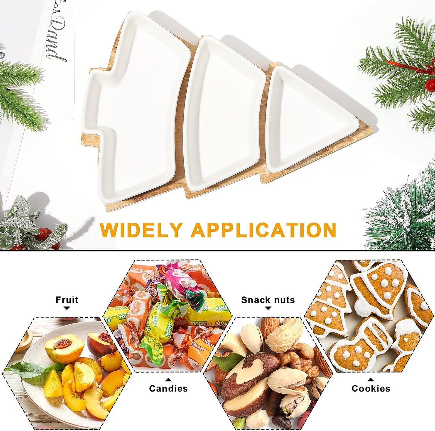 JiabaoPC 10.8 Inches Snack Appetizer Trays Set, Christmas Tree Dessert Serving Dishes, Snack Platter, 3 pcs Removable White Porcelain Plates with Bamboo Tree Tray,Thanksgiving and Christmas