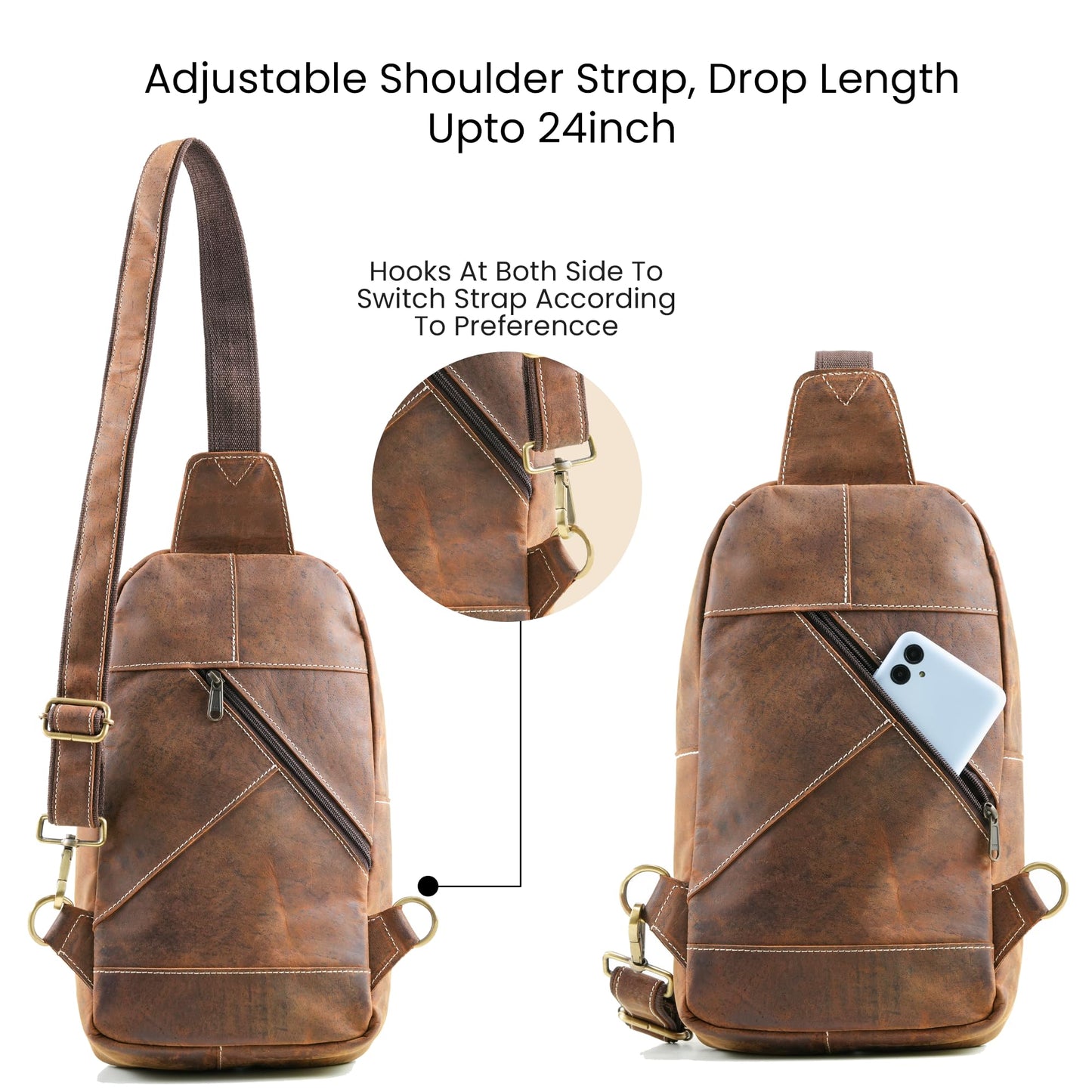 Handmade World Genuine Leather Sling Chest Crossbody Bag Backpack Small 'The RoamRush' Buffalo Hunter Leather Shoulder Travel Daypack