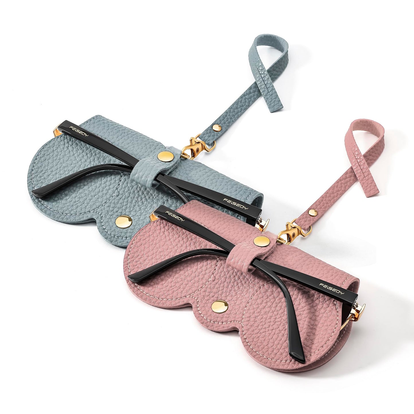 FEISEDY 2Pack Soft Leather Sunglass Bag, Holder Eyeglasses Case, Portable Glasses Pouch With Button Clip Wrist Strap B0049