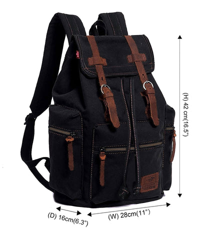 HuaChen Vintage Canvas Travel Backpack with Leather Trim, Laptop Padded Sleeve, Hidden Back Security Pocket, Fits 14-Inch, M32 Black