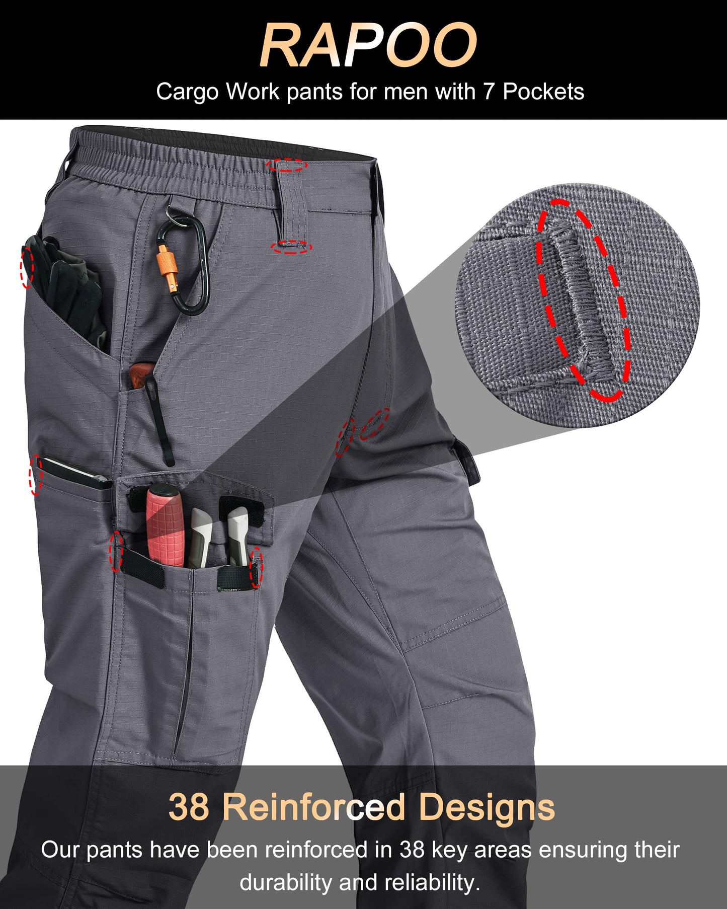 Rapoo Cargo Work Pants for Men Hiking Tactical Military Army Pants for Men with Multi Pockets Water Resistant Mens Ripstop Construction Breathable Pants Grey 42Wx30L