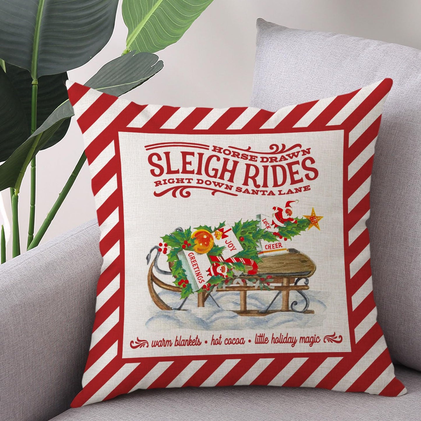 Coeufuedy Christmas Pillow Covers 18x18 Set of 4 Candy Canes Elk Santa Claus Sleigh Rides Winter Holiday Decoration Cushion Case for Sofa Couch Home Decor
