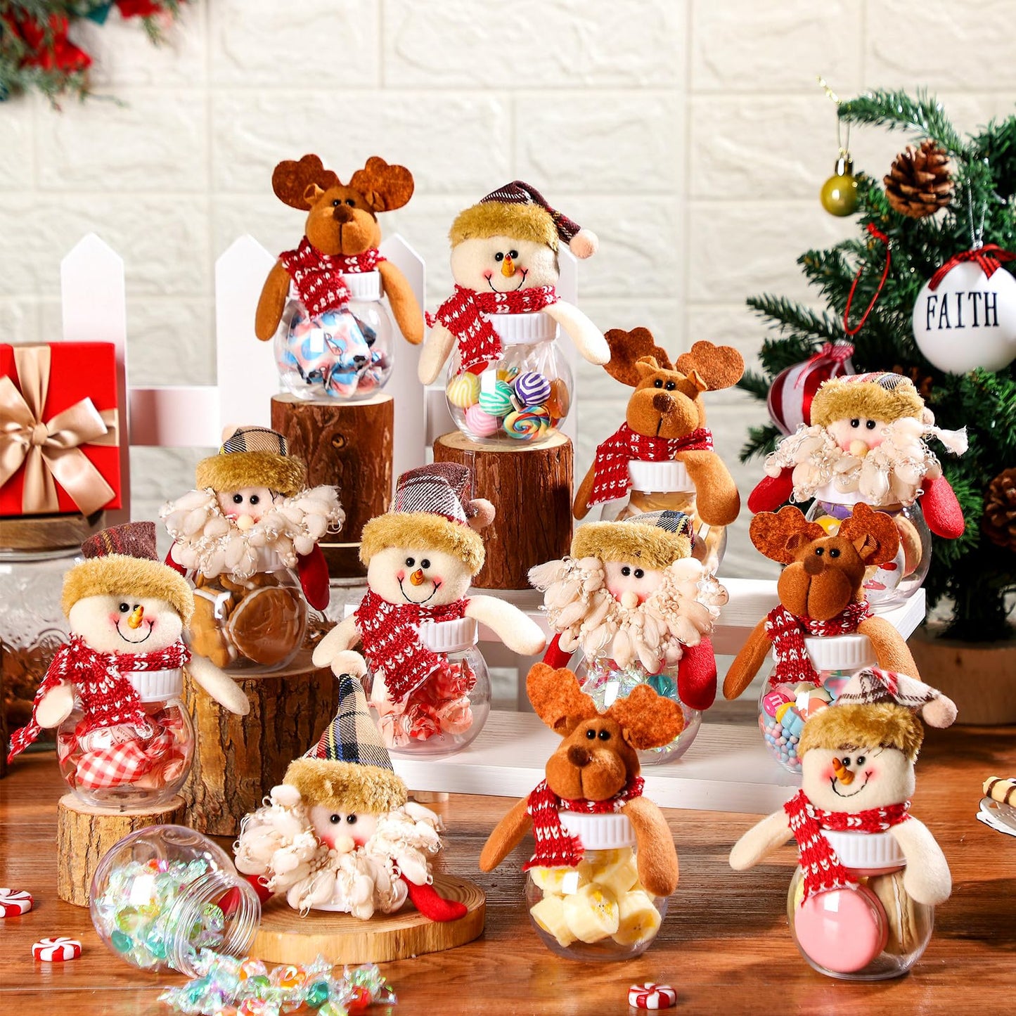 Reallnaive 12 Pcs Christmas Candy Jars with Snowman Santa Elk Lid 5.91 x 3.1 Inch Plastic Clear Christmas Cookie Chocolate Jar Xmas Snack Food Storage Container for Gifts Holiday Party Favor Supplies