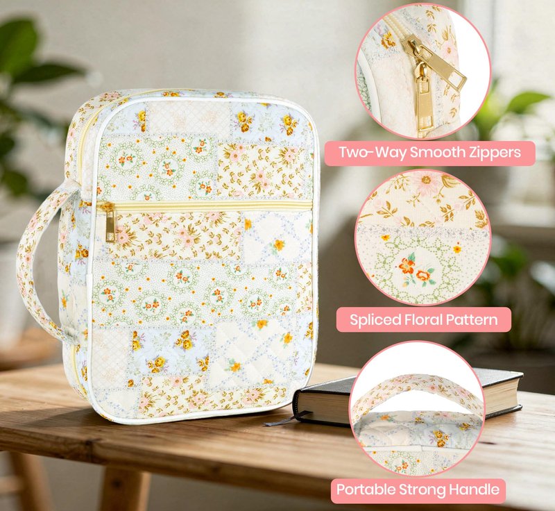Bible Cover Case for Women, Large Bible Bag with Bible Study Supplies Accessories Christian Gifts for Women, Portable with Sturdy Handle and Highlighters, Spliced Flower