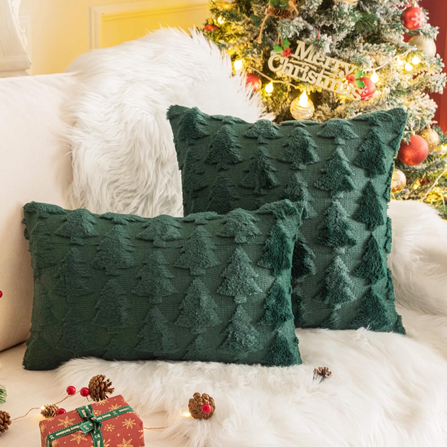 AQOTHES Set of 2 Christmas Tree Green Throw Pillow Covers 18x18 Inch, Soft Faux Fur Green Decorative Xmas Throw Pillows for Couch Sofa Holiday Winter Decor