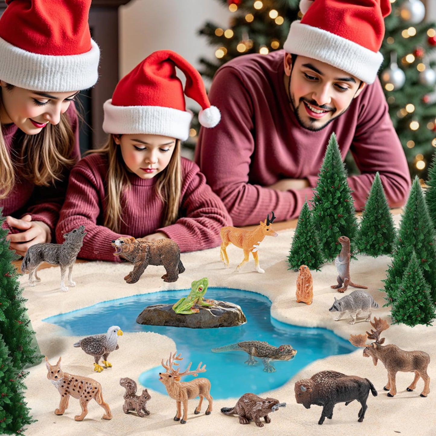 THINKBAY 16PCS Mini North American Forest Woodland Animals Figurines Toys, Realistic Jungle Wild Animal Figures with Wolf,Bear,Bison,Reindeer,Birthday Party Favors Valentine's Day Gifts for Kids