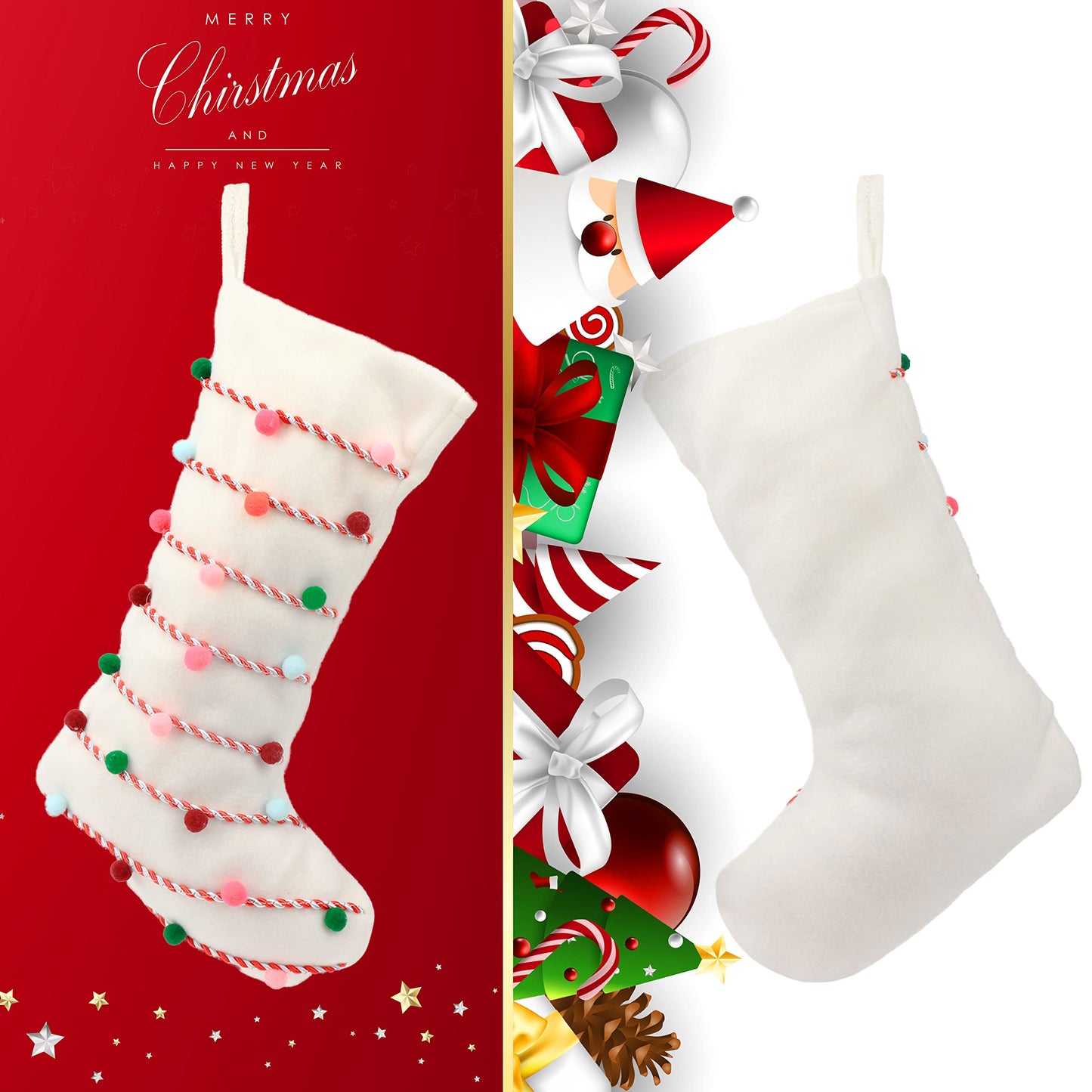 Hopearl Pom Pom Christmas Stocking Boho Style Socks Ultra Soft Holders Ornament Luxury Gifts Bags for Family Xmas Tree Party Supplies, Cream, 18''