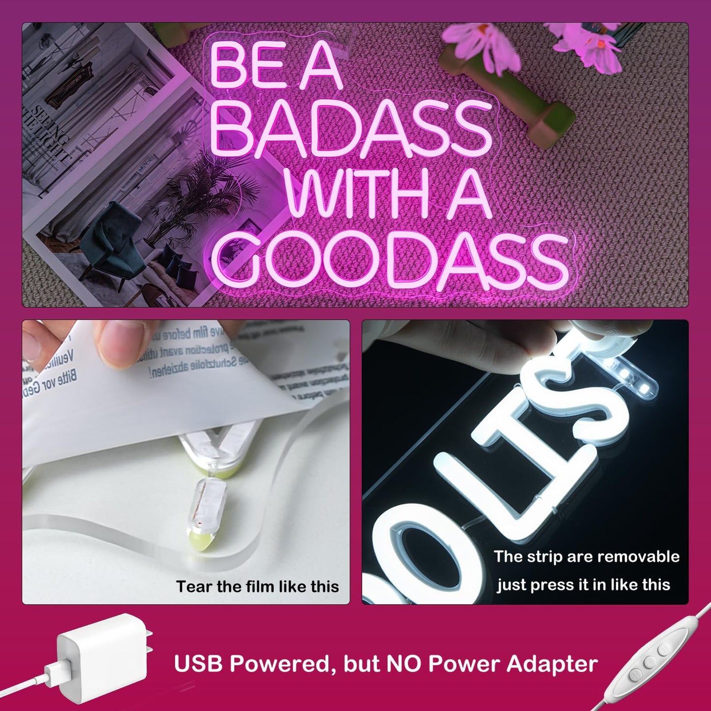 Gym Neon Sign with Pink LED Content Neon Light BE A BADASS WITH A GOODASS Light Signs for Wall Art Decor in Bar Club Ideal Birthday Gift for Teens and Adult Home Gym