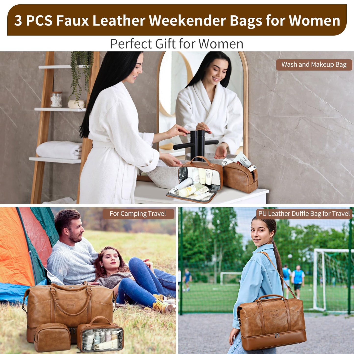 Faux Leather Weekender Bags for Women: Large Overnight Bags Travel Duffel Bag Carry On Shoulder Weekend Tote with Shoe & Laptop Compartment & Toiletry Bags for Airplane Traveling Gym, Brown