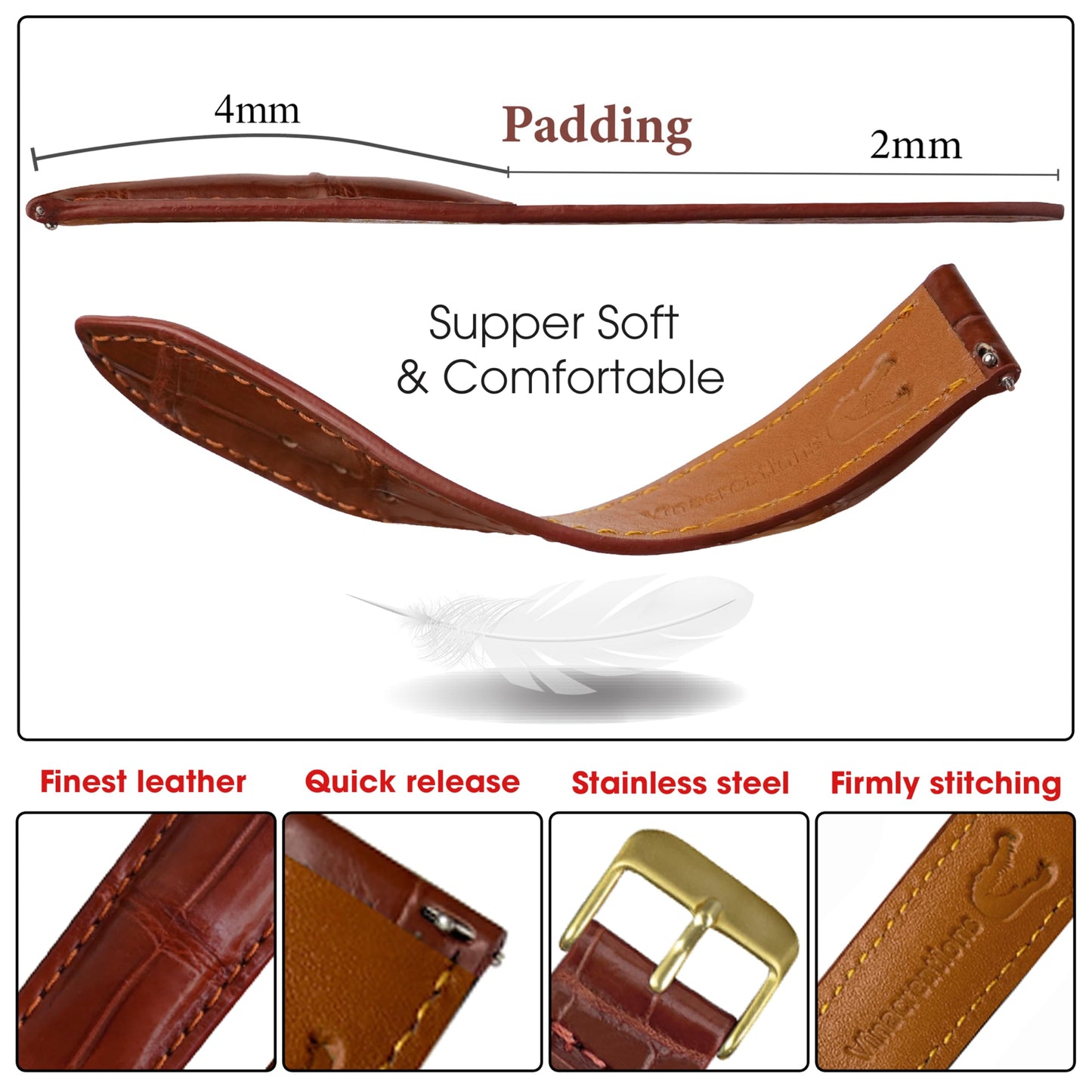 Premium 18mm Light Brown Watch Band for Men, Handcraft Leather Watch Strap, Easy Install Strap Gold Stainless Buckle Present Gift Husband Boyfriend Son Christmas Fathers Day Birthday DH06G18MM