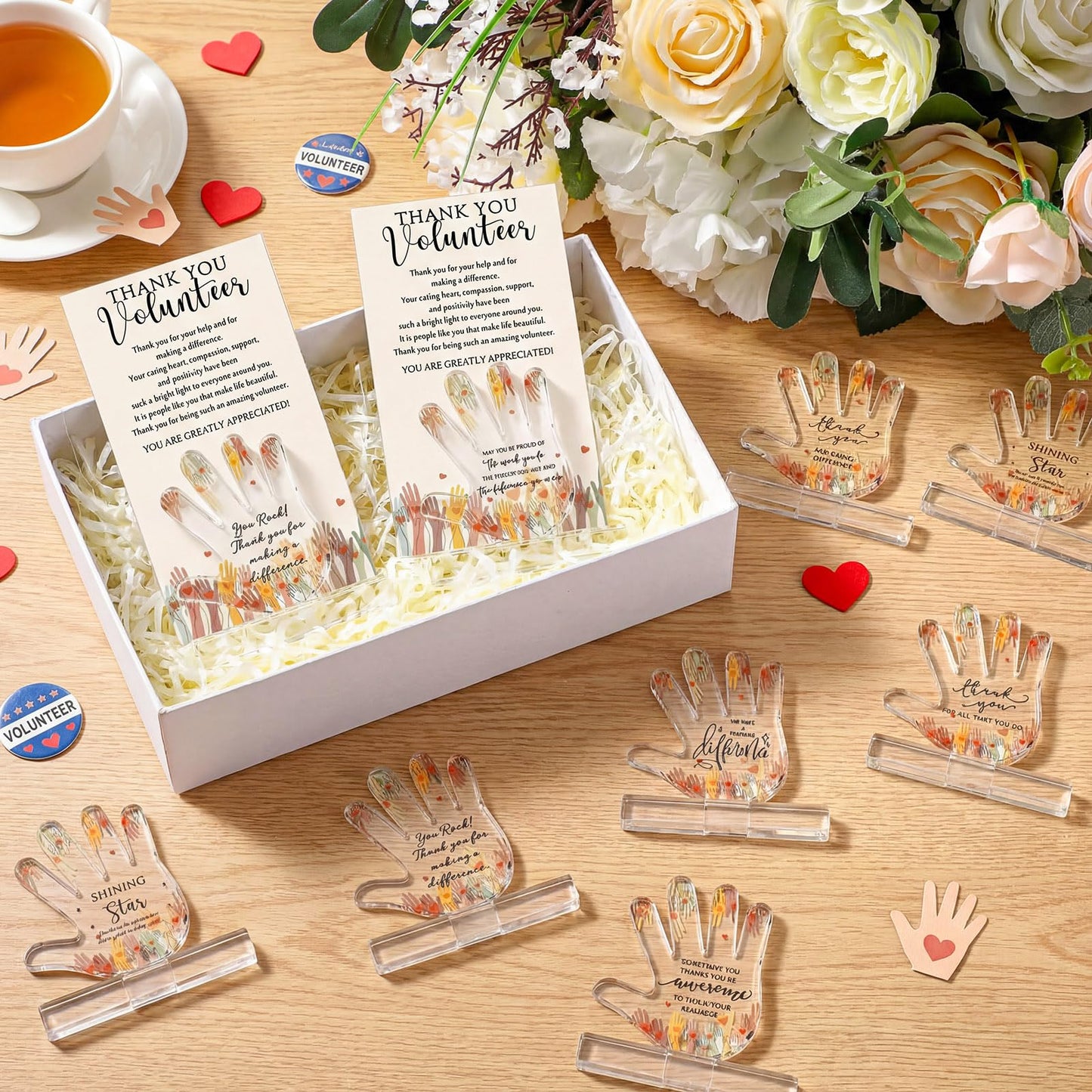 Juinte 10 Sets Volunteer Appreciation Gifts 10 Styles Acrylic Desk Sign with Thank You Cards for Volunteer Week Christmas Recognition Gifts Hand Shaped Plaques Desk Decor Accessories