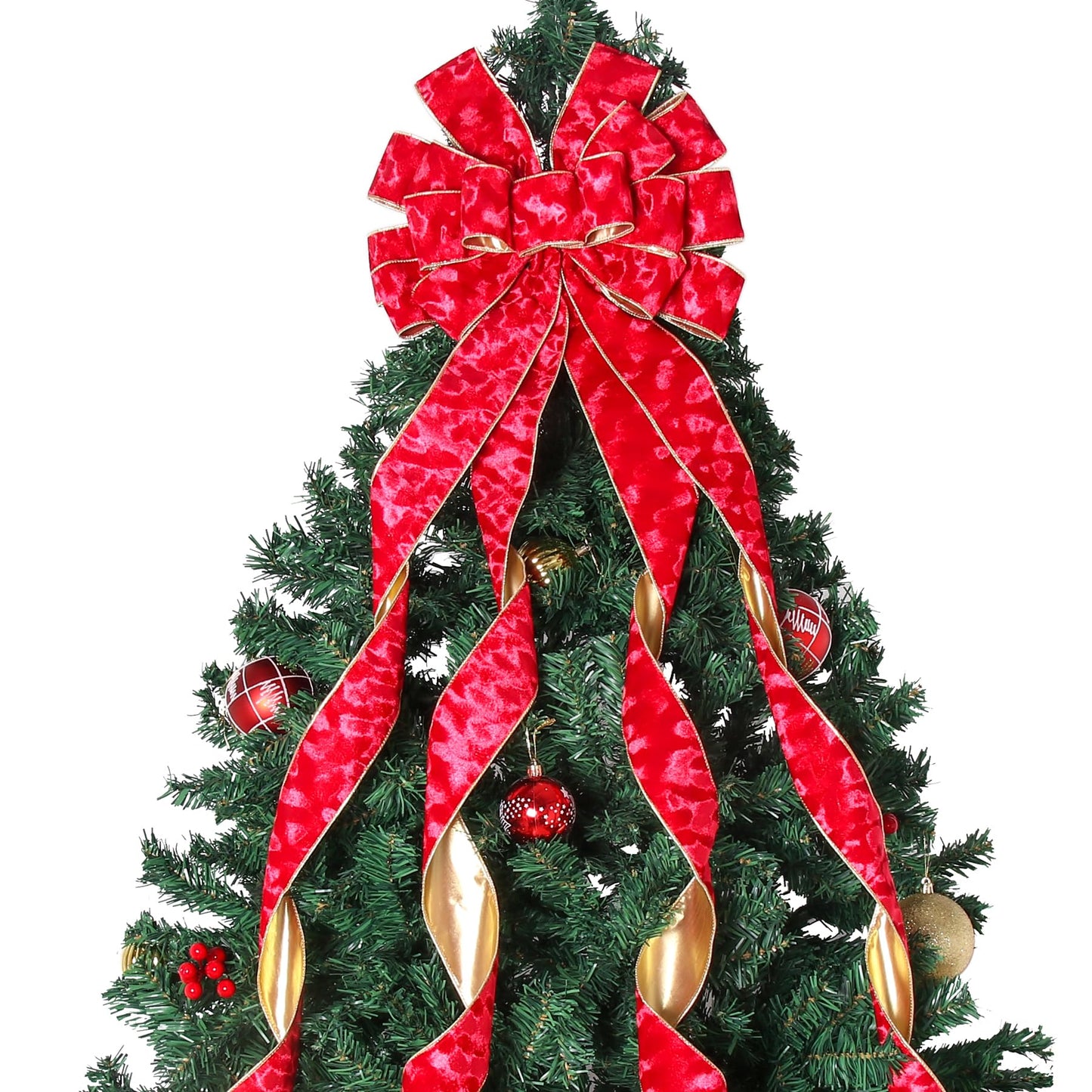 Christmas Tree Topper Christmas Wreath Bow, 52 * 13 inches Tree Toppers Bow with Grinding Ring Patterned Velvet Ribbon for Xmas Tree Christmas Rustic Farmhouse Home Holiday Party Decorations Red