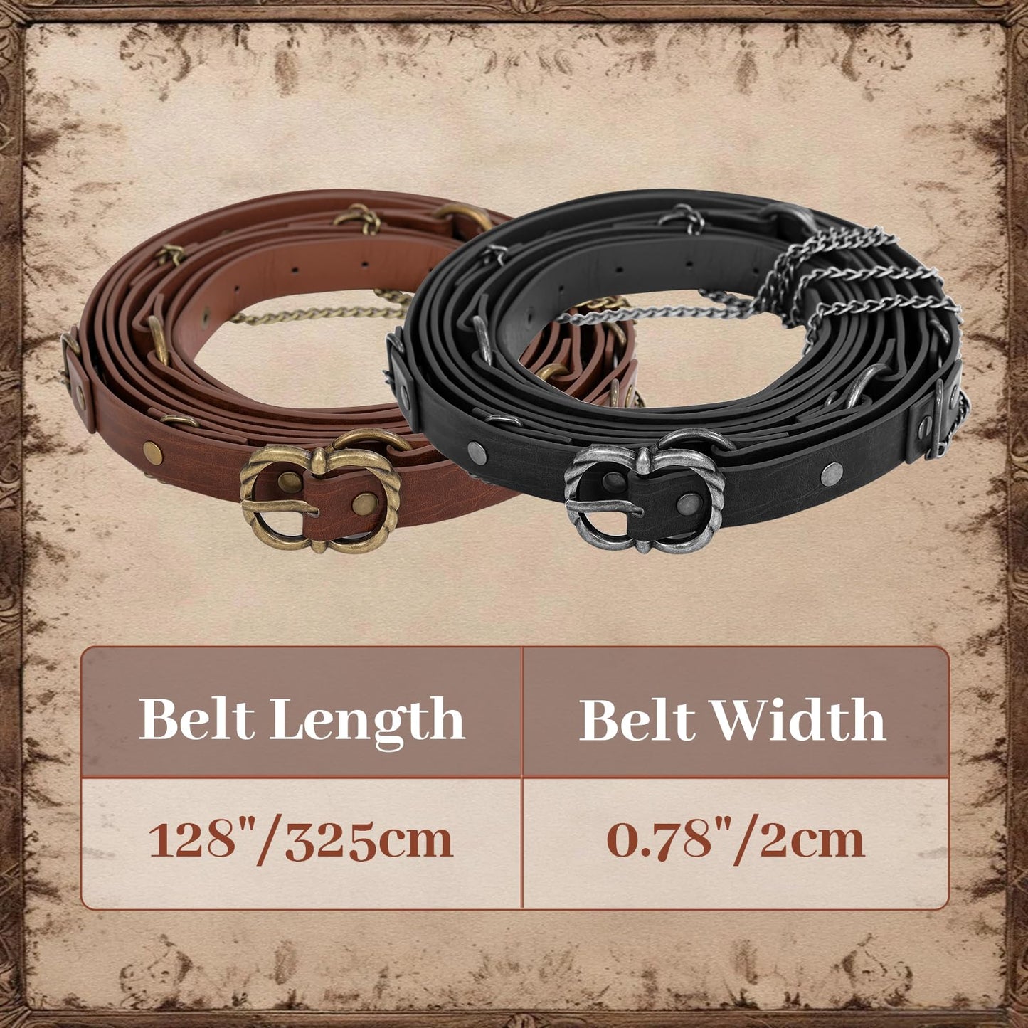 Koalswm Medieval DIY Waist Belt Adjustable Metal Chain for Women Vintage PU Belts Cosplay Renaissance (Black)