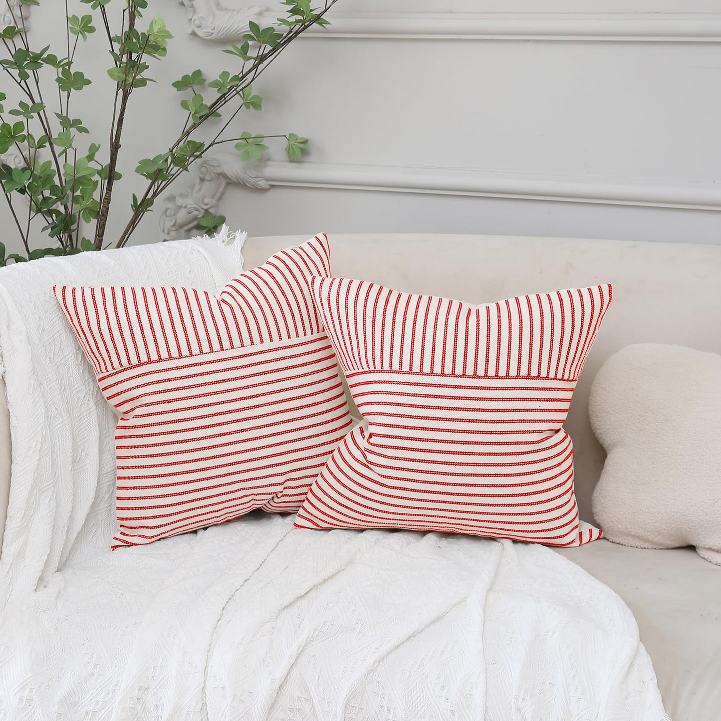 Hckot Christmas Farmhouse Pillow Covers 20x20, Red Throw Pillow Covers Set of 2, Striped Linen Decorative Pillows Cushion Covers for Couch Chair Beding Xmas Winter Decorations(Red)