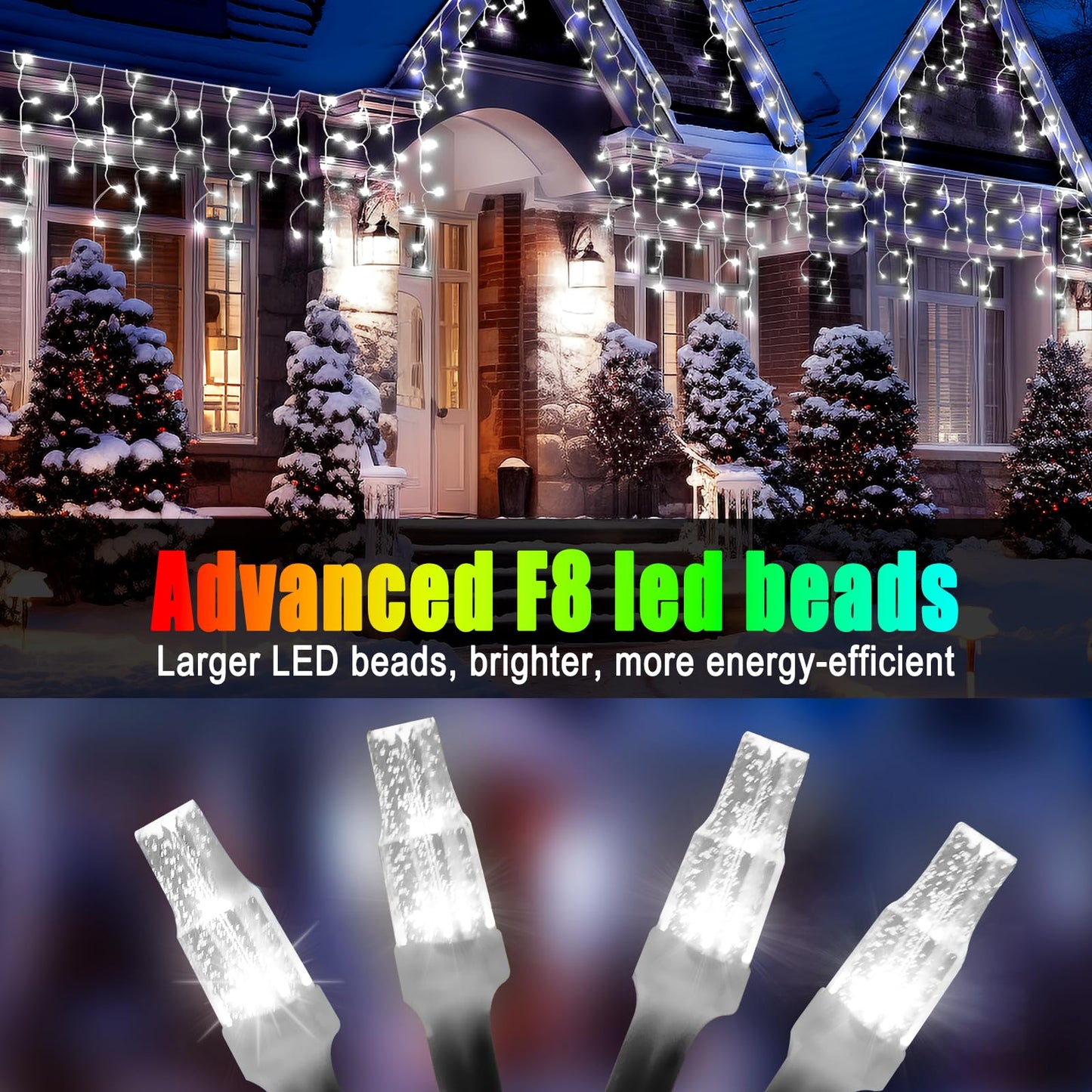 FLVOECN Christmas Lights Outdoor, 98FT 900LED Ice Lights for Outside, Ice String Lights with 8 Modes, Waterproof Timer Memory Hanging Light for Eaves Party Yard Garden(Cool White)
