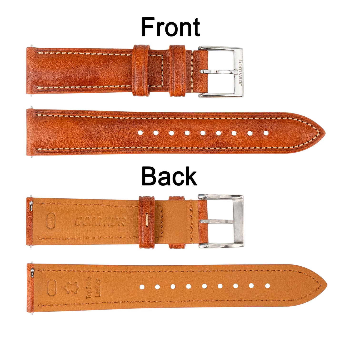 Gomvadr Quick Release Leather Watch Band, Two Tone Oil-tanned Top Grain Leather Watch Straps 18mm 20mm 21mm 22mm Replacement Watch Belt for Men Women (Cognac/Silver Buckle, 18mm)