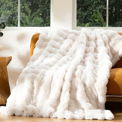 Luxury Faux Fur Throw Blanket 3D Bubble for Couch - Fluffy Blanket Double-Sided Non-Shedding, 60x80 Inches, Fits Bed/Car/Camping/Patio, Gift for Women,Room Decor,White