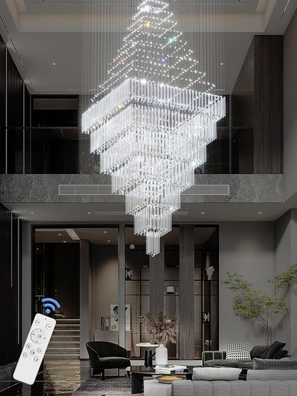 Flashing God D59''X H120'' Extra Large Chandeliers for High Ceilings Black Square Chandeliers Crystal Raindrop Chandelier for Villa Entrance Foyer LED Dimmable 2700K-6000K