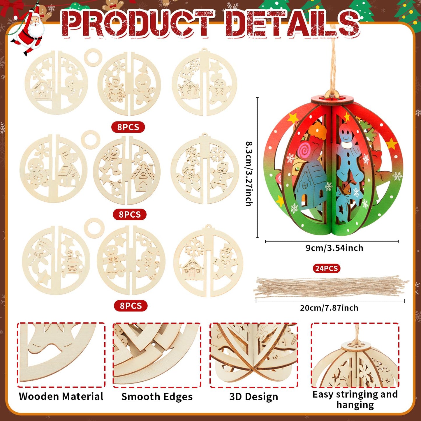 Chunful 72 Pcs DIY Wooden Crafts to Paint Winter Gingerbread Ornaments 3D Unfinished Wood Cutouts Blank Hollow Wood Slice for Craft Projects, Party, Holiday Cookie Decorations