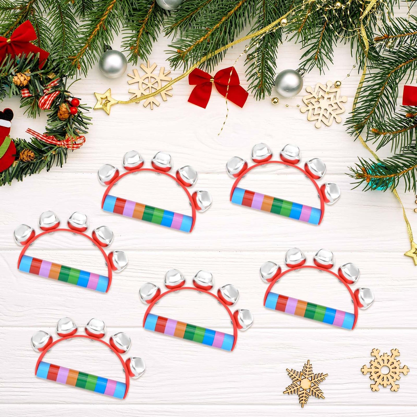 Bouiexye 8 Pcs Christmas Hand Bells for Kids Wooden Sleigh Bells with Red Handle for Classroom Christmas Party School Band Performance (Rainbow Color)