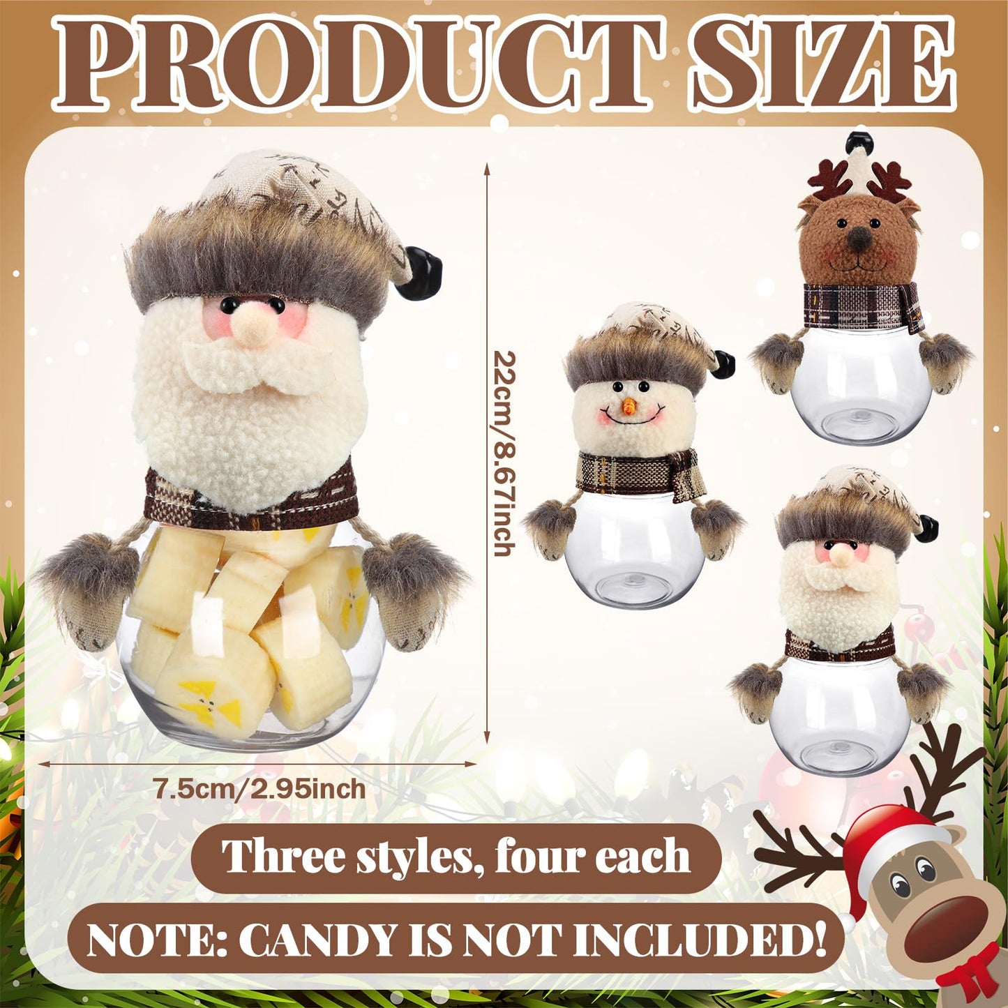12 Pcs Christmas Candy Jars with Snowman Santa Elk Doll Lid 5.91 x 3.15 Inch Plastic Clear Christmas Cookie Jar Snack Food Storage Container for Home Decoration Xmas Gifts Holiday Party Favors