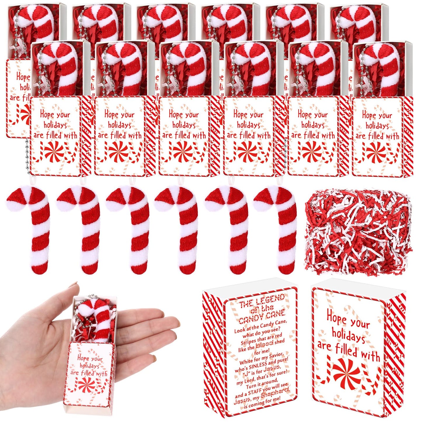 Soulchen 30 Set Christmas Candy Cane Story Gift Mini Plush Keychain with Legend of The Candy Cane Gift Box Xmas Stocking Stuffer Jesus Christian Party Favor for Church Teacher Coworker
