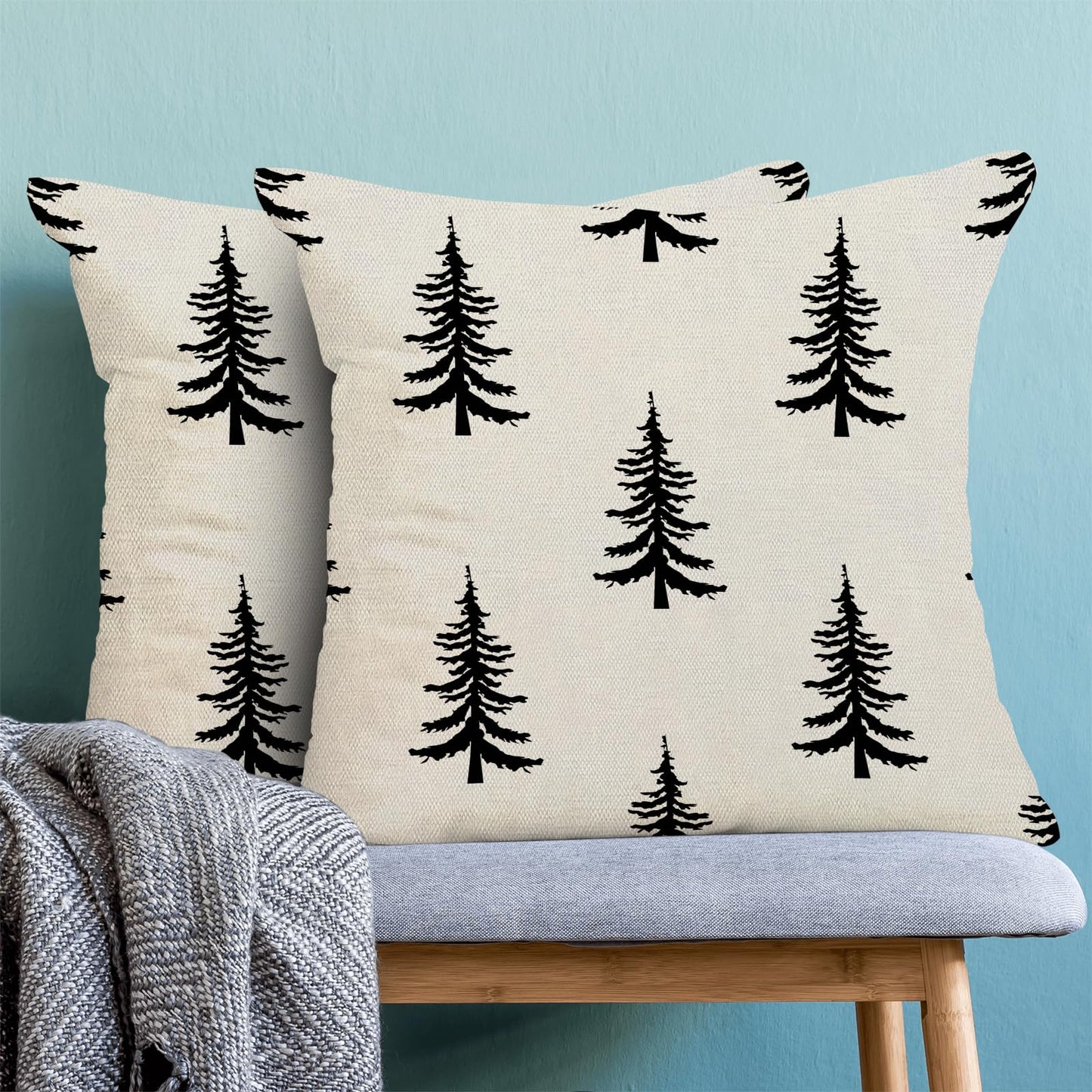 Christmas Pillow Covers 18x18 Inch Set of 2 Cream Black Christmas Tree Decor Throw Pillows Winter Xmas Holiday Outdoor Cushion Cases for Couch Bed Decorations