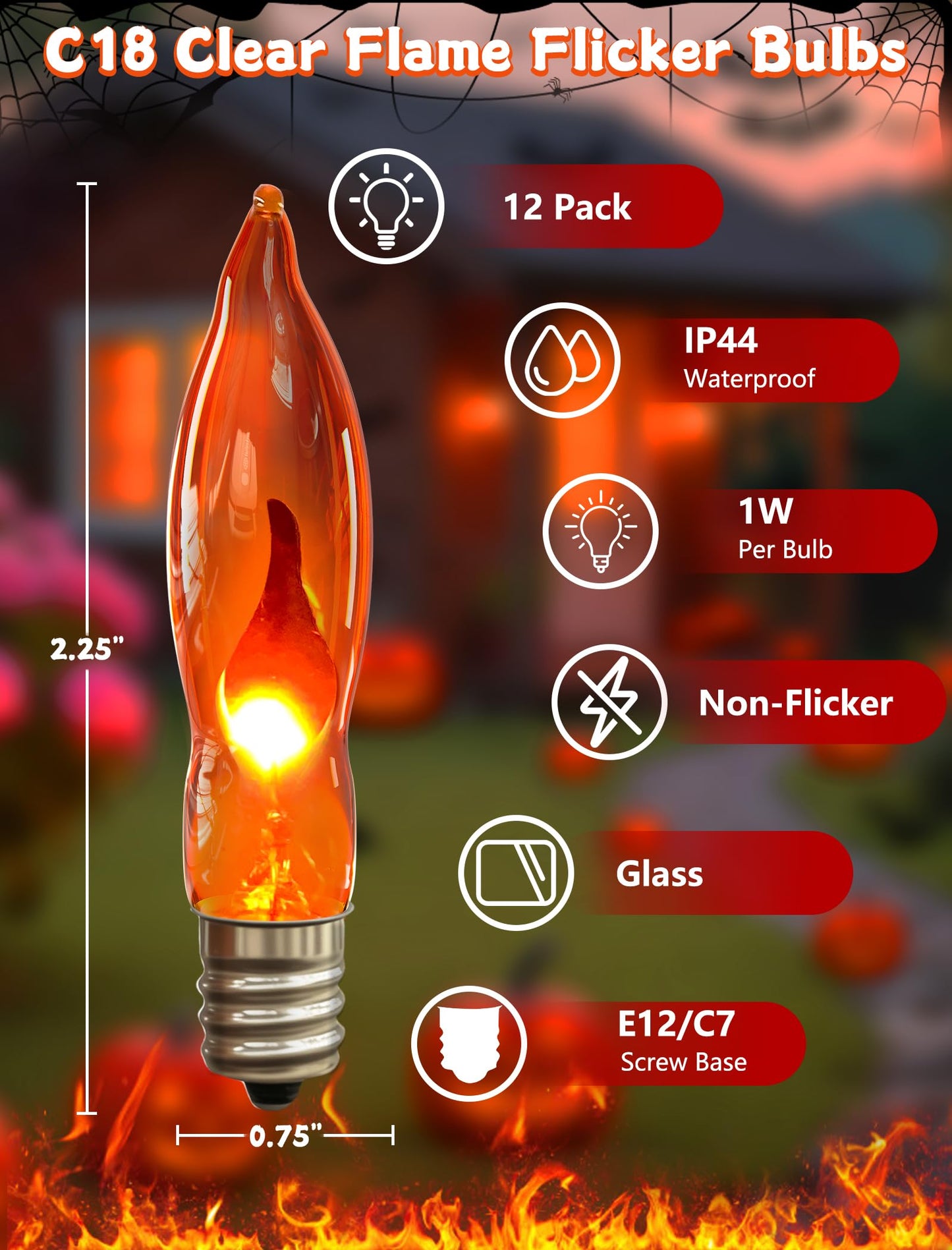 Orange Flickering Flame Light Bulbs with E12 Base, 12 Pack C18 Christmas Light Bulb 1W, Candelabra Night Light Bulbs for Christmas String Light ,Electric Window Candle Light,Halloween Chandelier