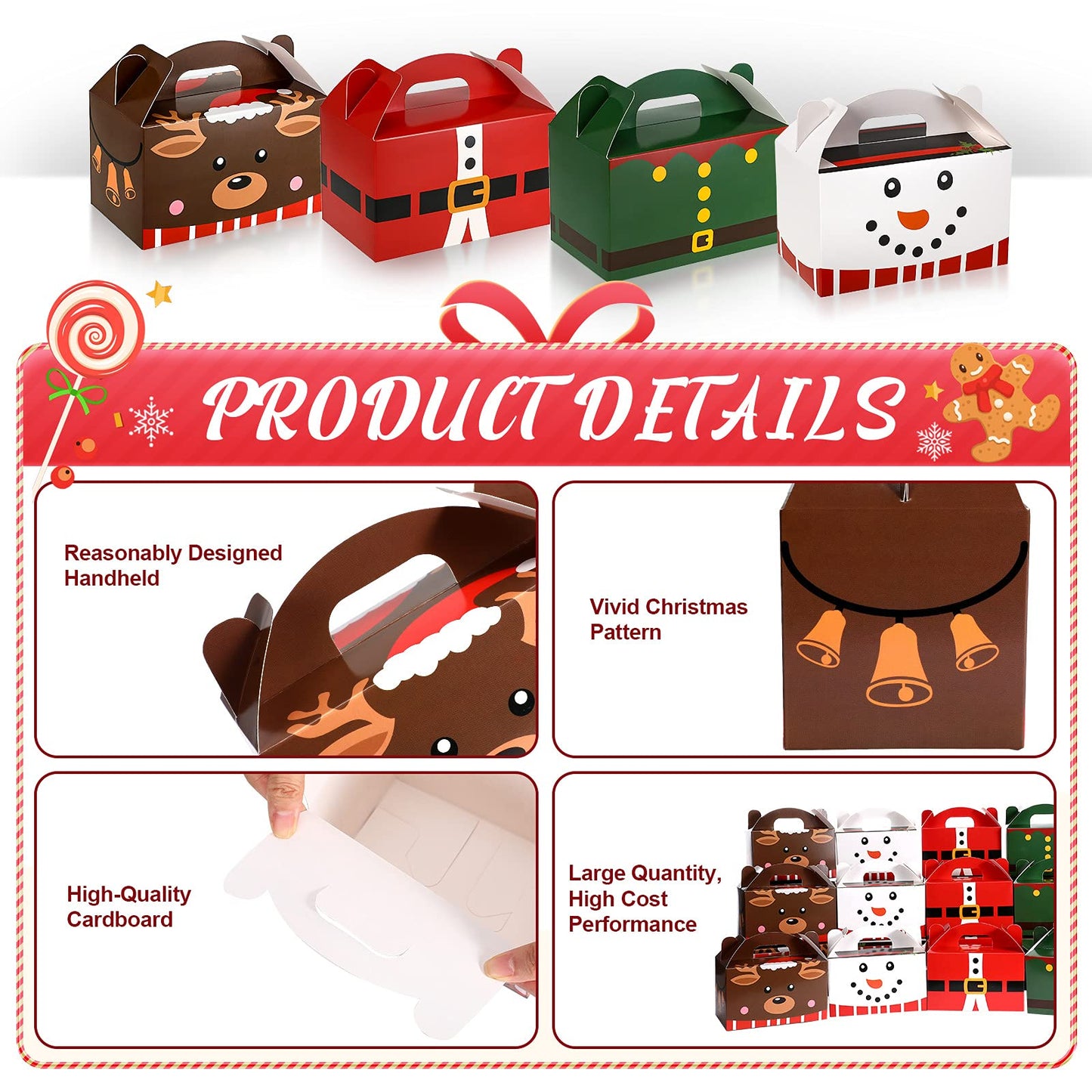 Clabby 24 Pcs Christmas Treat Boxes with Handles 3D Christmas Cookie Gift Boxes Cardboard Goodie Candy Bags Xmas Santa Elf Snowman Elk Gingerbread Holiday Party Favor Supplies, 4 Design(Cute Style)