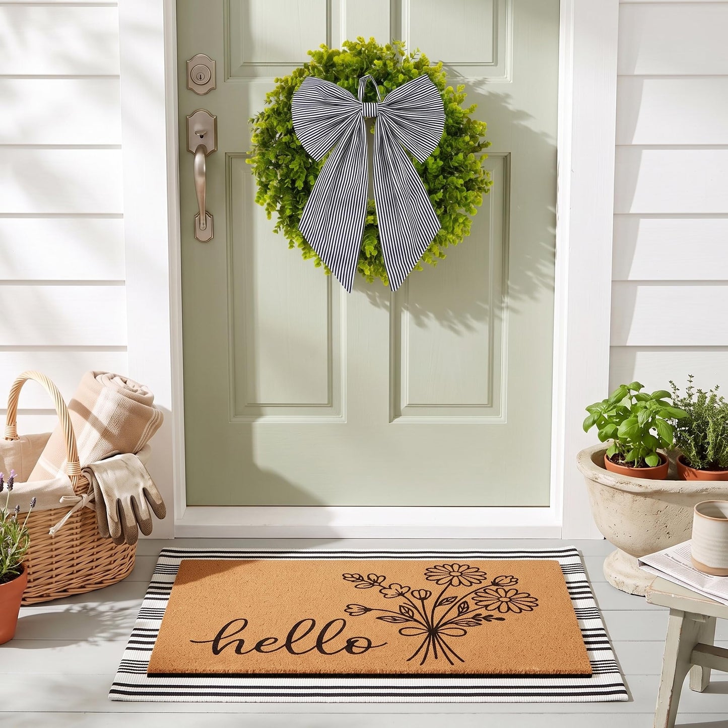 Britimes 3 Pcs Floral Hello Front Door Mat and Wreath Set Faux Coir Doormat Black and White Striped Layering Rug and 19" Greenery Wreath with Bow Outside Decor for Porch
