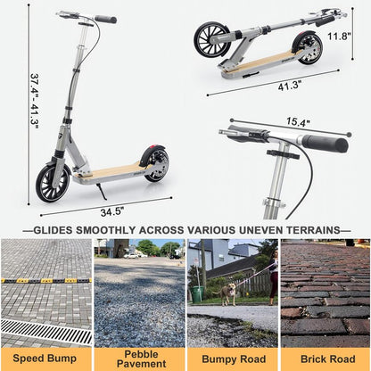 CUIOT Scooter for Kids 8-12, Teens and Adults, Folding Kick Scooter with Adjustable Height, 8IN Big Wheels Scooters W/Anti-Shock Suspension, Up to 300 Lbs, Bearing ABEC9 (Silver)