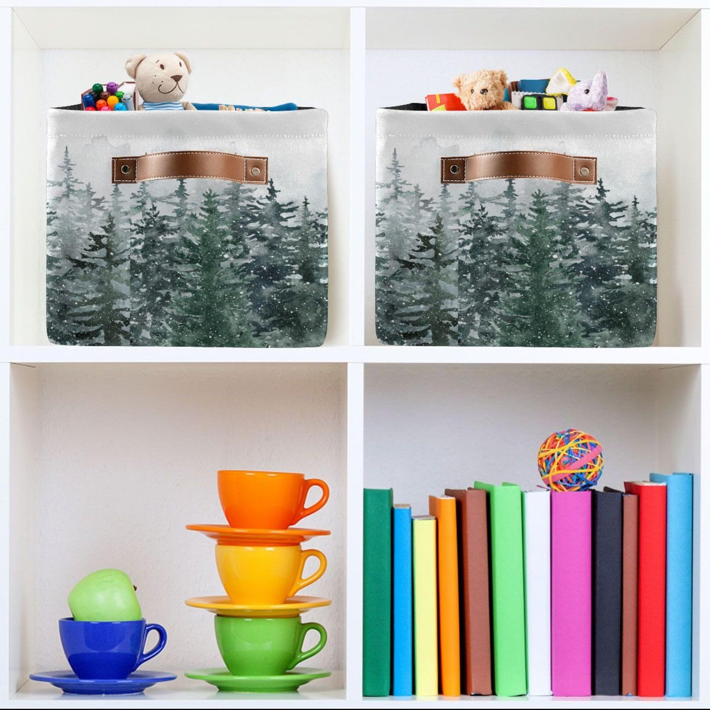 Winter Pine Forest Tree Storage Basket with Waterproof Liner and PU Handles Christmas Snow Scene Storage Bins Boxes 14.2" Collapsible Decorative Organizer Baskets for Bedroom Closet Office 1 Pack