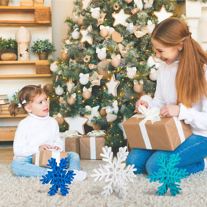 Qunclay 20 Pcs Wooden Snowflake Decorations 3D Snowflake Tabletop Decor Winter Signs and Centerpiece for Winter Wonderland Decorations Xmas Tiered Tray Decor(Dark Blue, Light Blue, White)