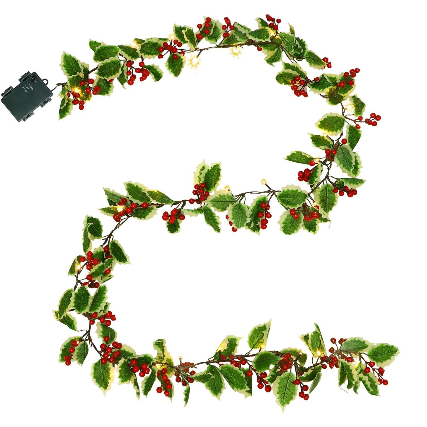 Juegoal Christmas Garland, 9FT Pre-lit Red Berries & Holly Leaves Garlands, Artificial Lighted Berry Garland Battery Operated with Timer, Indoor Outdoor Xmas Fireplace Gate Home Winter New Year Decor