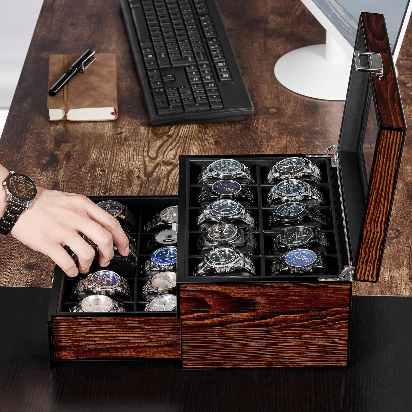 BEWISHOME High-End Watch Box, 20-Slot Watch Case with Large Glass Lid, Wooden Watch Cases for Men, Watch Storage, Watch Organizer, Synthetic Leather Interior, For Father's Day Brown SSH04Y