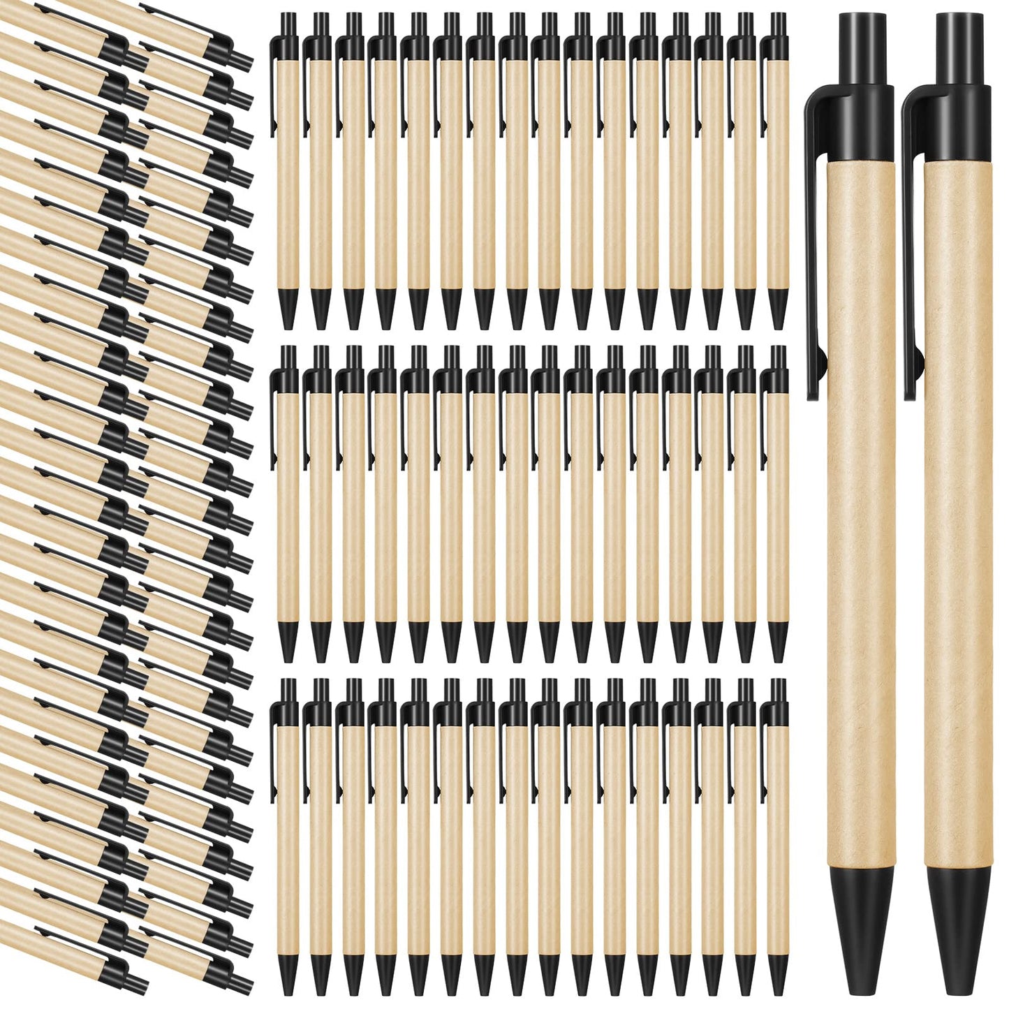 Sabary 100 Pcs Pens Bulk Kraft Paper Ballpoints Retractable Click Pens 1 mm Recycled Paper Ballpoint for First Day of School Coworkers Writing Office Supplies (5.5 Inch,Black)