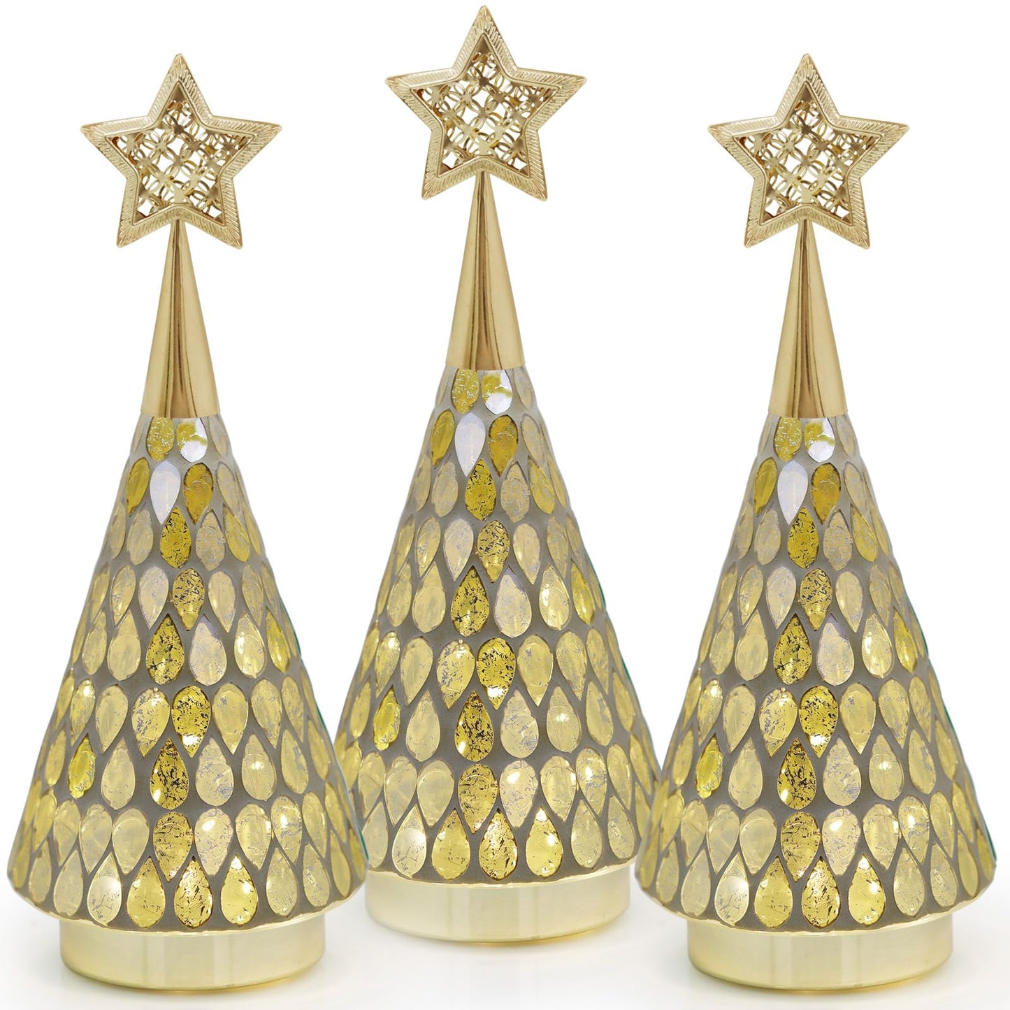 Mosaic Glass Christmas Tree Gold with Star, 3 PCS Small Tabletop Christmas Trees with Light, Battery Operated Xmas Tree for Bedroom Decor 11"