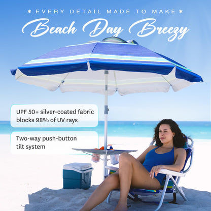 AMMSUN 7ft Heavy Duty High Wind Beach Umbrella with sand anchor, Built-in Table Tray Vent Tilt Pole, UPF 50+ Windproof Portable Outdoor Umbrellas Carry Bag for Patio Garden Pool Backyard stripe