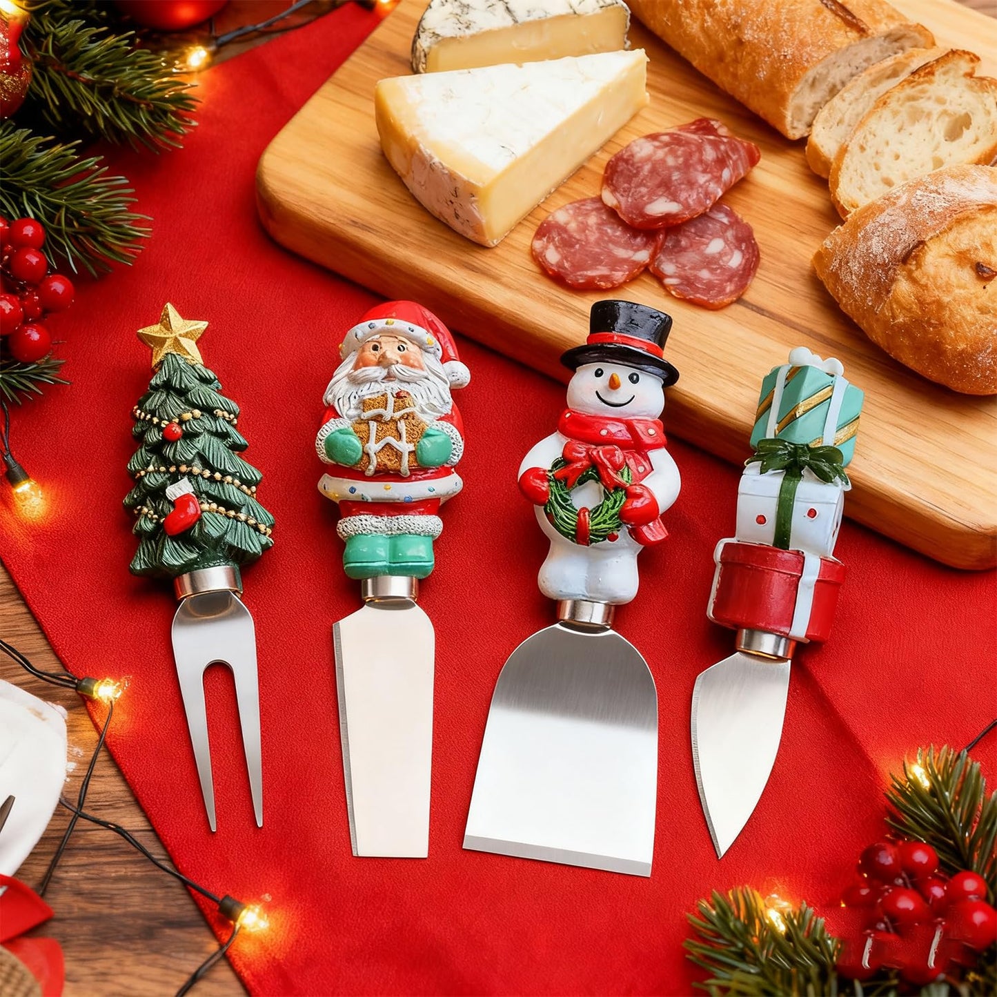 Linwnil 4-Piece Hand Christmas Resin Handles Cheese Knives, Xmas Charm Cheese Spreader Knife for Charcuterie Board Tools
