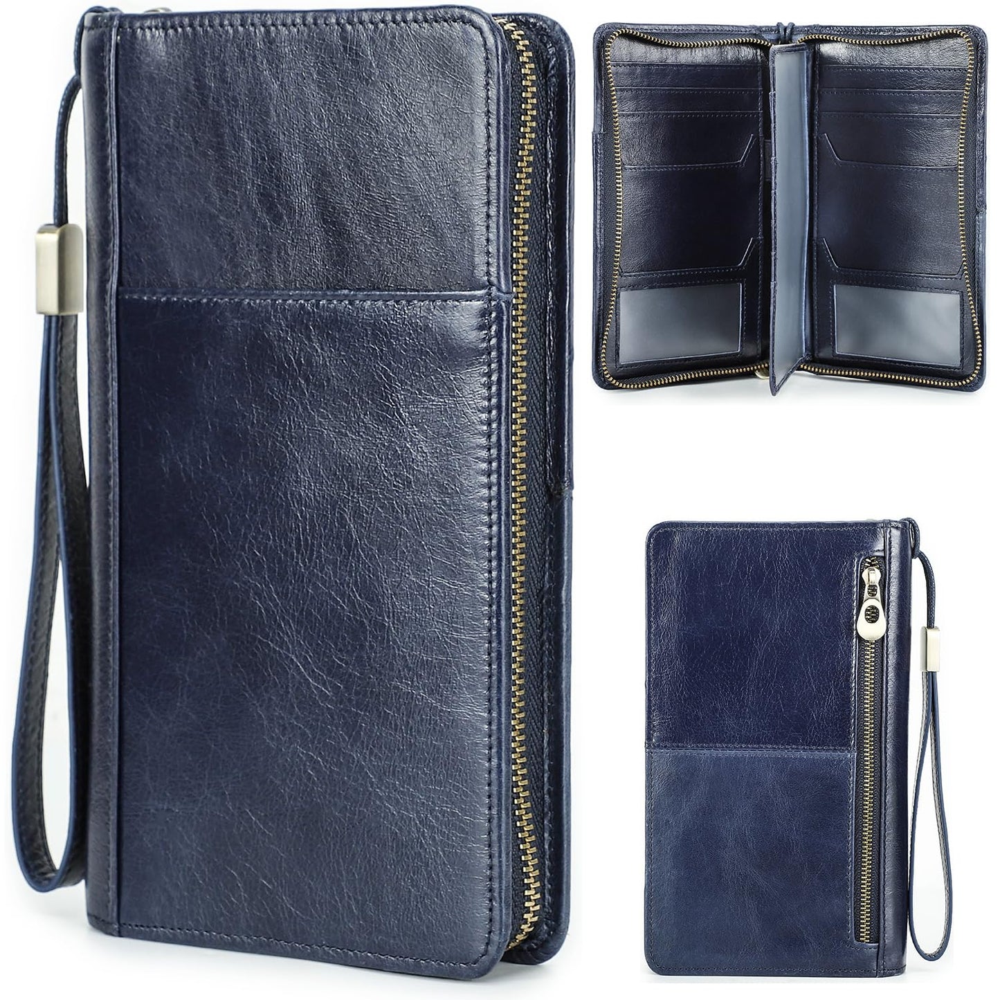 CataPurus Top Grain Leather Travel Passport Wallet Holder for Man & Woman, Handmade with Three-Layer for 4 Passports & Multi Cards, RFID Blocking Large Capacity for Cards/Passports/Tickets, Blue