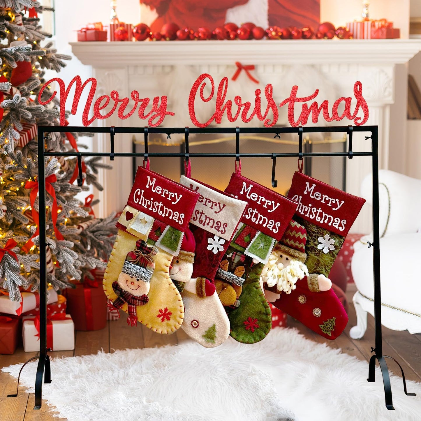 HUTHDAK Metal Merry Christmas Stocking Holder Stand with 8 Hooks,Heavy Duty Freestanding Christmas Stocking Holder Stand for Floor.Deluxe Christmas Stocking Stand-Easy Assembly and Stand for Home